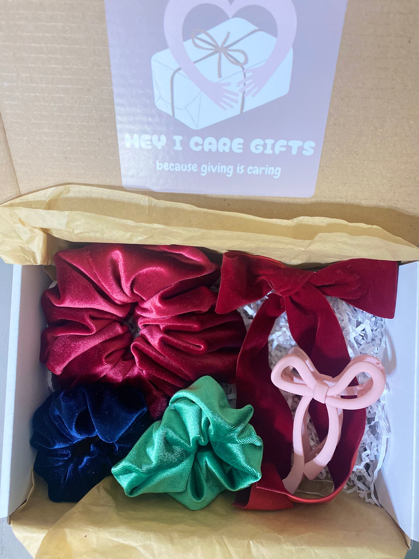 Bow Hair Clip and Claw and Velvet XL and Small Scrunchies Gift Box Hair Clip and Hair Ties Gift Biz