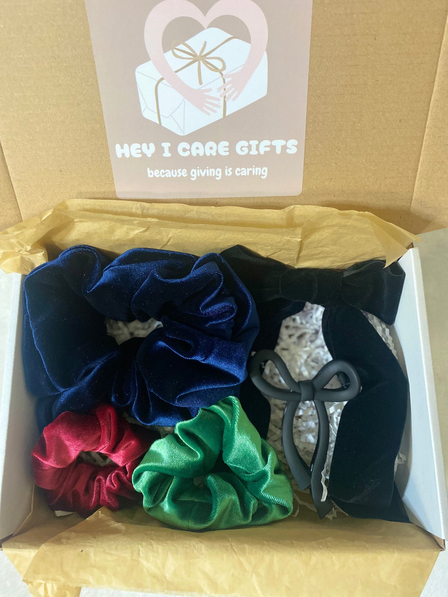 Bow Hair Clip and Claw and Velvet XL and Small Scrunchies Gift Box Hair Clip and Hair Ties Gift Biz